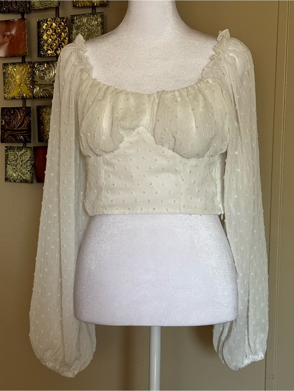 SHEIN white Swiss Dot Puff Sleeve Crop Top